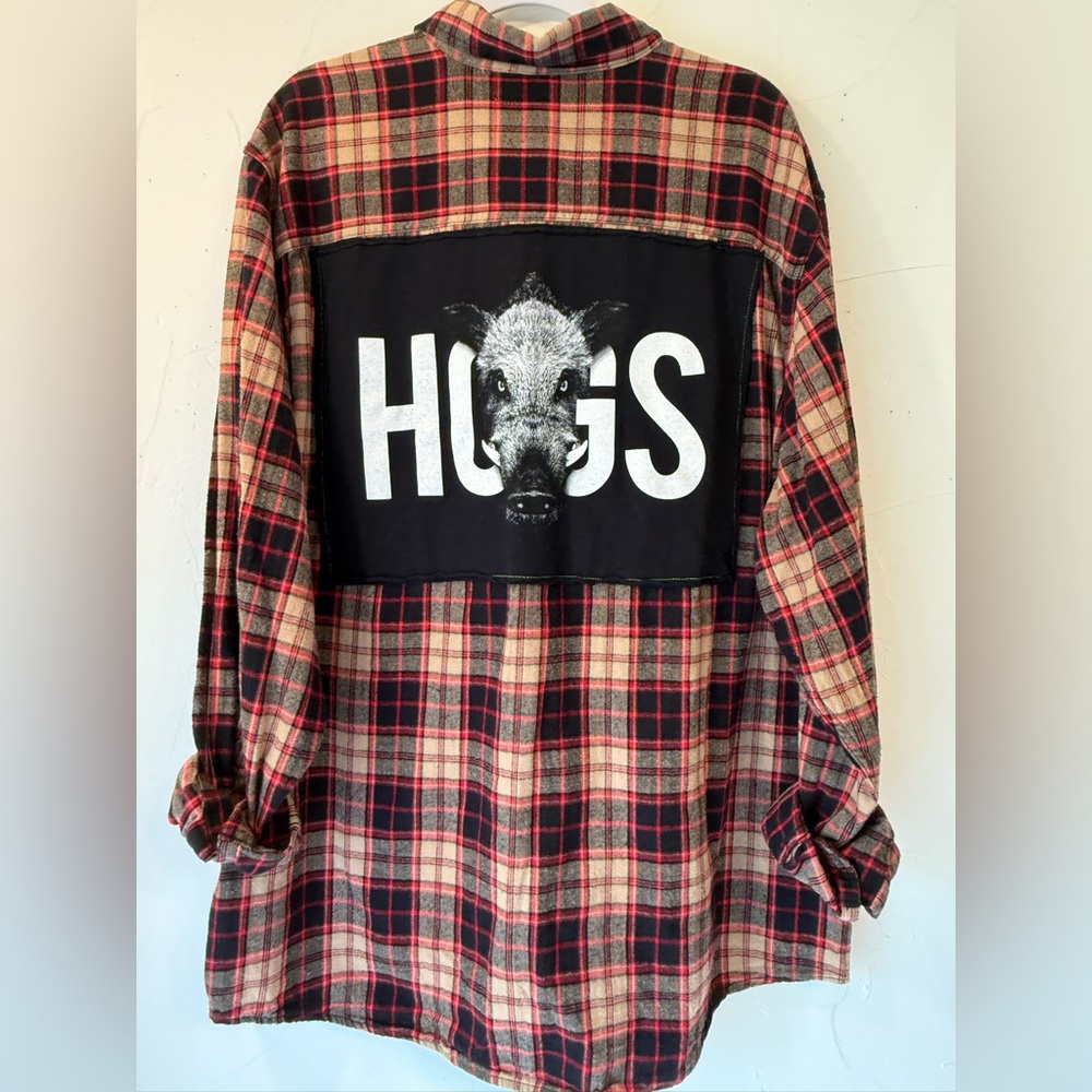 NWT OOAK UPCYCLED U OF ARKANSAS HOGS TEE & BLACK/RED/TAN FLANNEL SZ 2X